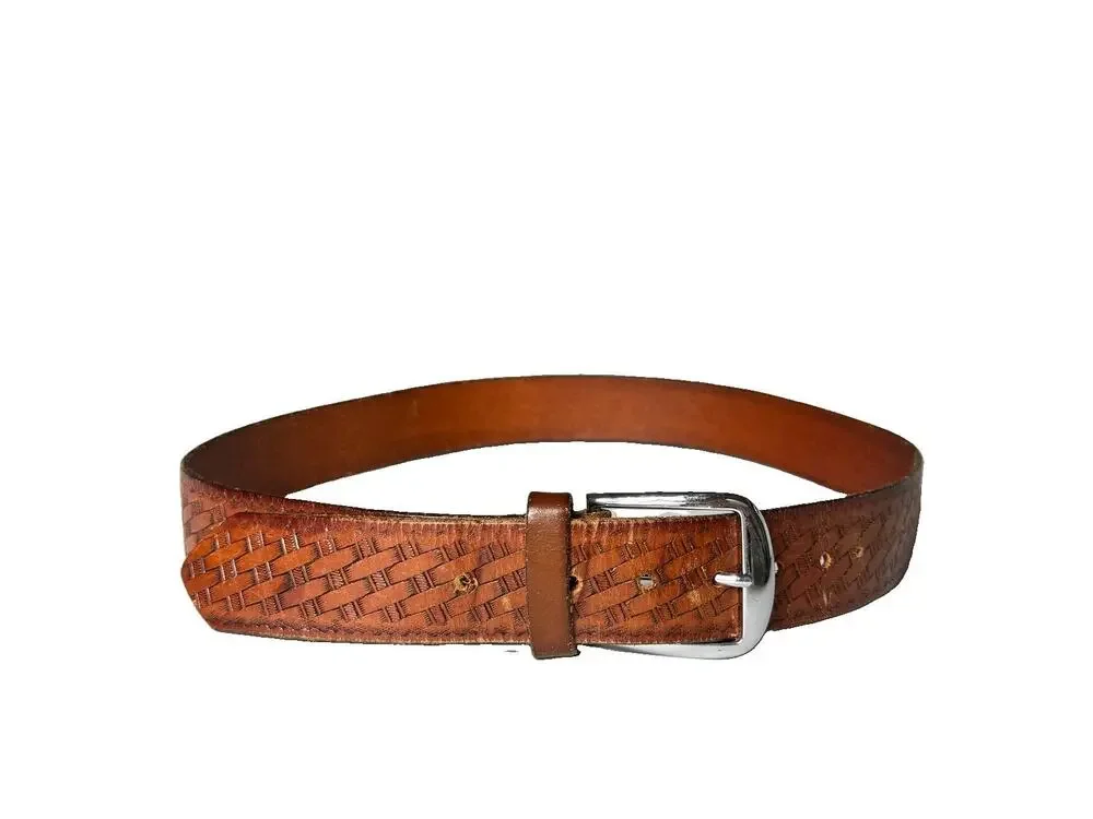 Vintage Mens Genuine Leather Belt Size 34 / 36 Brown Basketweave Silver Buckle